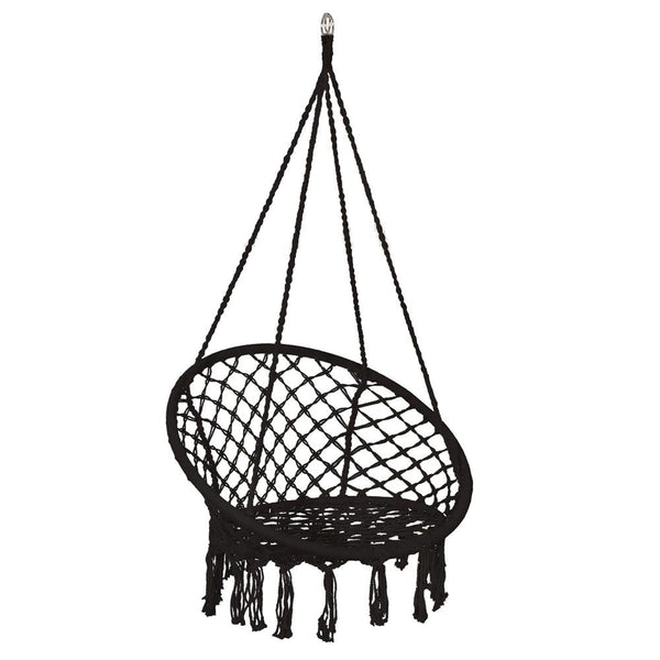 Scaun rotund tip leagan suspendat pentru casa sau gradina, cu franjuri, 150kg, negru