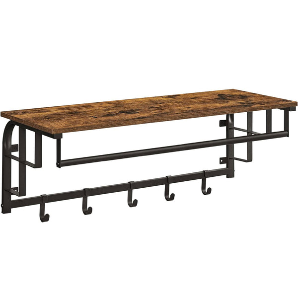 VASAGLE Cuier de perete cu raft de depozitare, 5 carlige, 30x80x27 cm, maro rustic