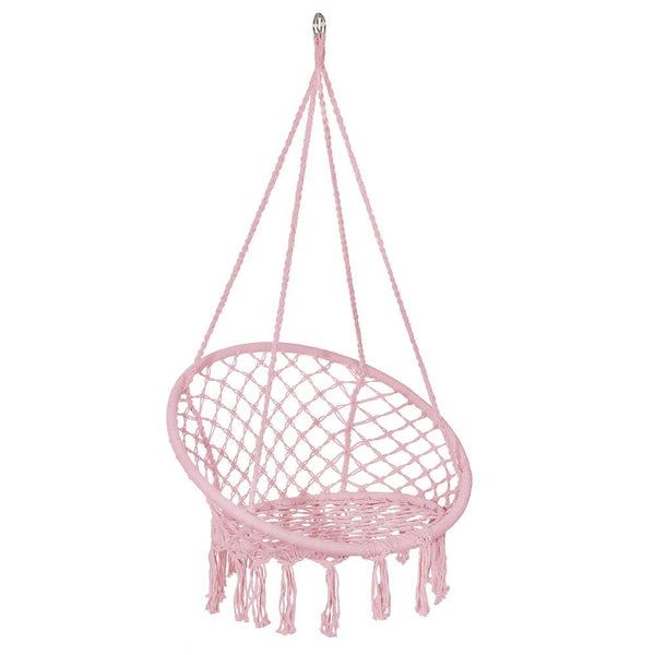 Scaun rotund tip leagan suspendat pentru casa sau gradina SPR42, cu franjuri, 150kg, roz