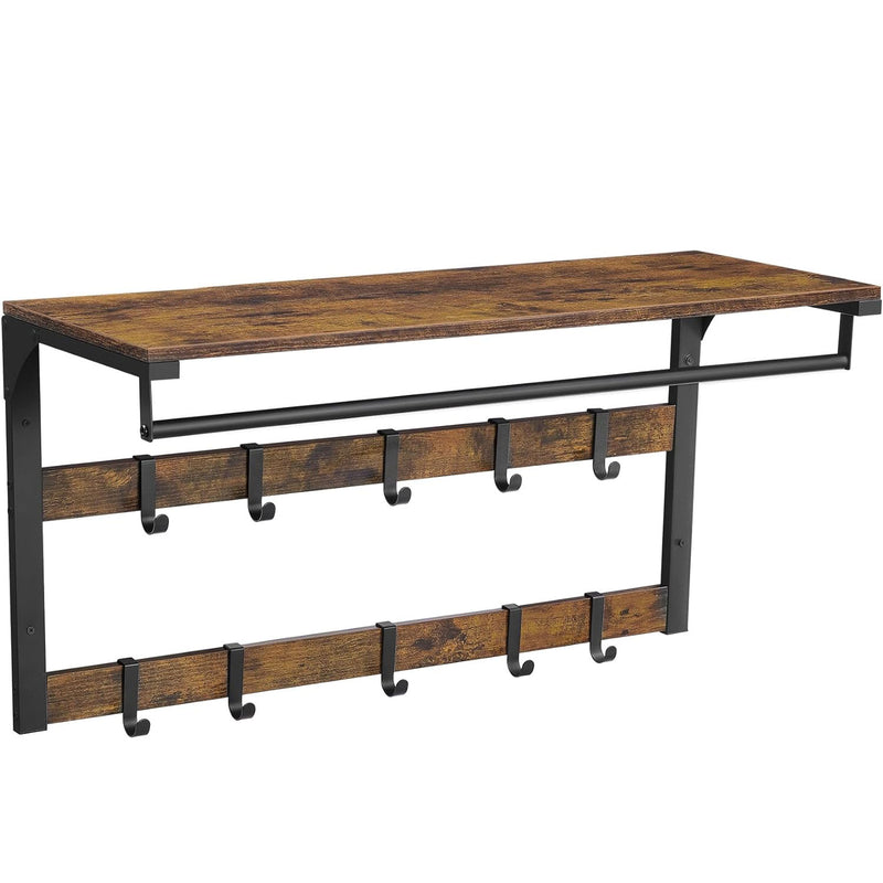 VASAGLE Cuier de perete cu raft de depozitare, 10 carlige, 30x80x42 cm, maro rustic