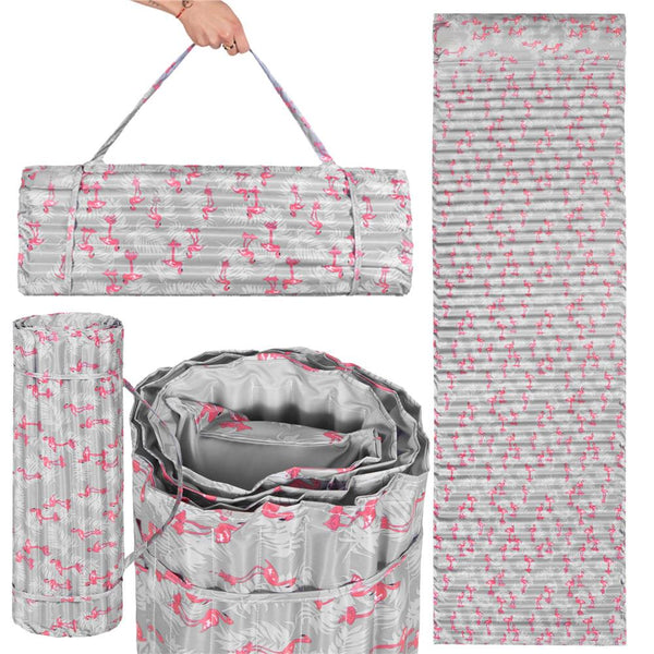 Saltea pentru plaja pliabila, din spuma, ultra-usoara, cu perna si maner de transport, 60x180cm, gri flamingo roz