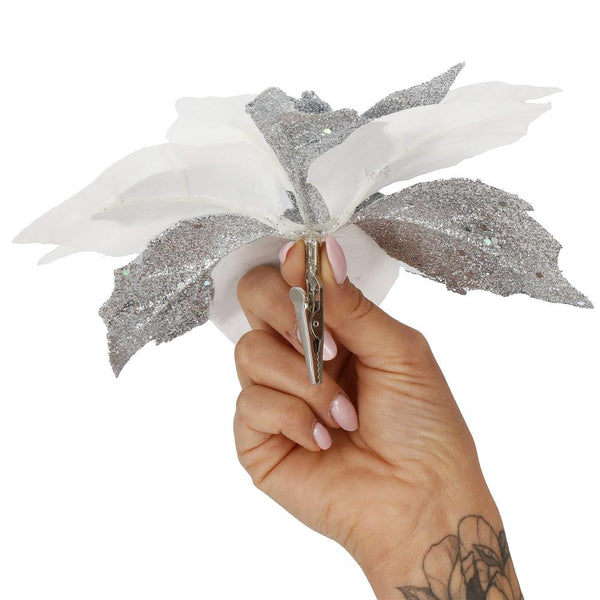 Set 5 ornamente pentru bradul de Craciun, stea Poinsettia, 23cm, alb argintiu