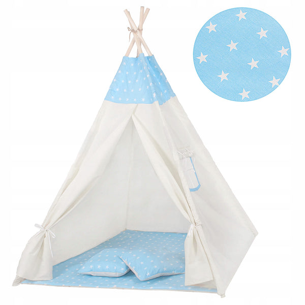 Cort copii Sersimo stil indian Teepee Tent cu fereastra, covoras gros si 2 perne, alb albastru