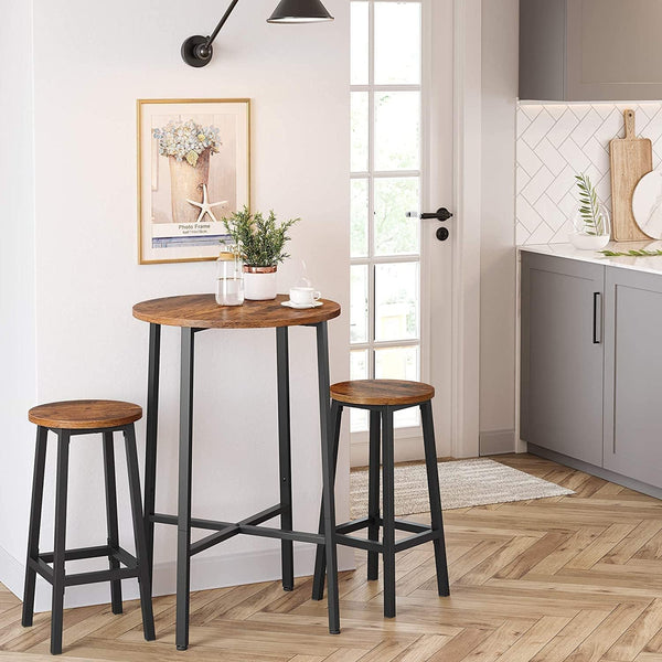 VASAGLE Set 2 scaune bar inalte, sezut rotund, cadru din otel, inaltime 65 cm, stil industrial, maro rustic si negru