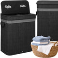 Cos de rufe din bambus cu capac, 2 compartimente, sac detasabil, volum 100L, 54x35x60cm, negru
