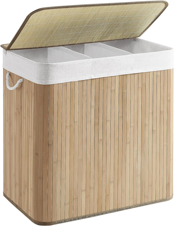 SONGMICS Cos de rufe din bambus, pliabil, cu captuseala detasabila lavabila, 3 compartimente, 150L, 60x40x60cm, natural