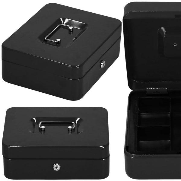 Caseta pentru bani tip cutie de valori, compartimentanta, cu cheie, metal, 30x24x9cm, negru