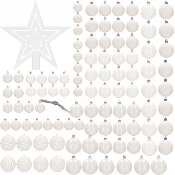 Set globuri si decoratiuni de Craciun, 100 piese, diverse dimensiuni cu stea, alb
