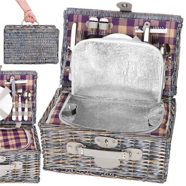 Cos de picnic echipat pentru 4 persoane Deluxe, din rachita, cu vesela si tacamuri, izolat termic, gri