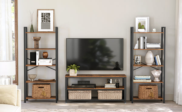 VASAGLE Biblioteca cu 5 etaje din lemn, cadru otel, stil industrial, 30x66x153cm, maro rustic si negru
