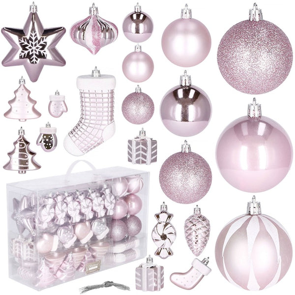 Set globuri si decoratiuni de Craciun, 77 piese, diverse dimensiuni, roz