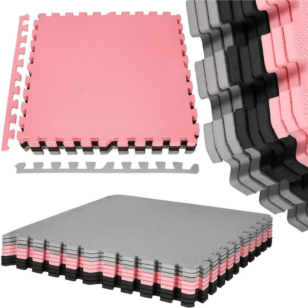 Covor din spuma pentru copii, tip puzzle forme, 27 piese, termoizolant, 179×179 cm, gri roz