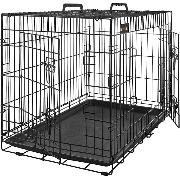 FEANDREA Cusca pentru animale, 2 usi, pliabila din metal, perete separator si tava detasabile, XL, 107x70x78cm, negru
