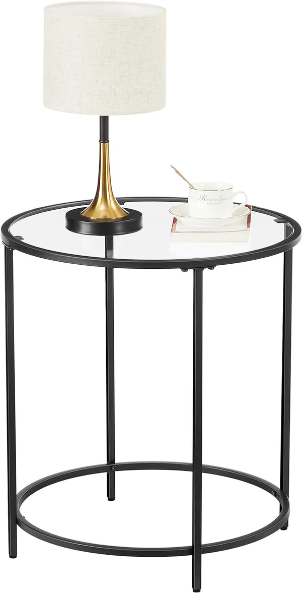 VASAGLE Masa rotunda, din sticla securizata cu cadru de otel, noptiera, 50x50x55cm, negru