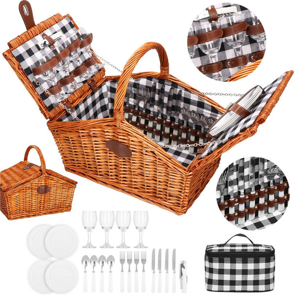 Cos de picnic echipat pentru 4 persoane Deluxe, din rachita, cu vesela si tacamuri, izolat termic, maro
