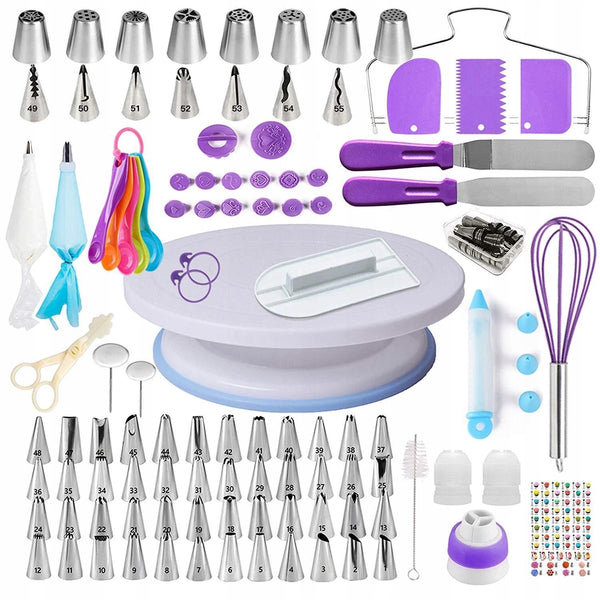 Set patiserie cu platou rotativ, 137 piese cu sabloane pentru ornarea prajiturilor