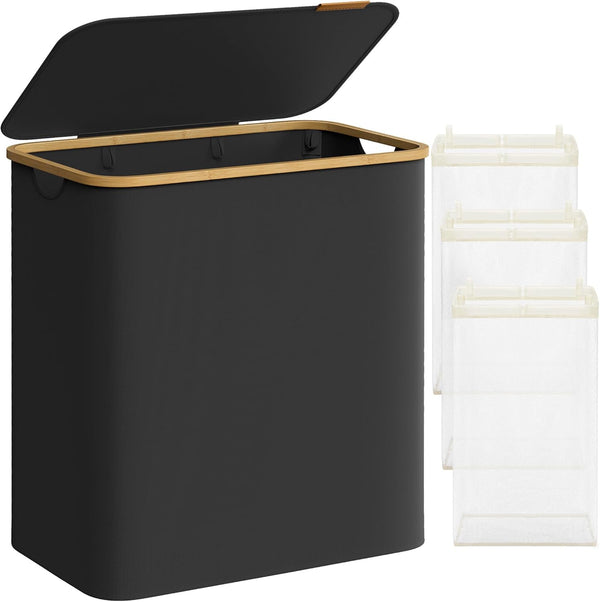 SONGMICS Cos de rufe textil, pliabil, cu 3 compartimente detasabile, 150L, 60x39x71 cm, negru