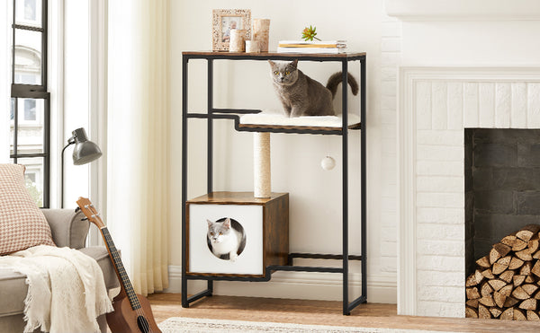 FEANDREA Mobilier 2 in 1 pentru pentru pisici cu ascunzatoare, 74x34x114cm, maro vintage