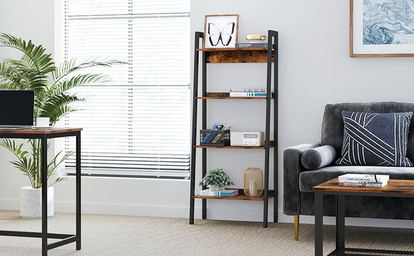 VASAGLE Biblioteca tip scara, cadru otel cu 4 polite din MDF, stil industrial, 56x34x138cm, maro rustic si negru
