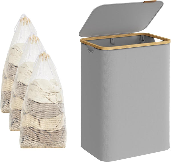 SONGMICS Cos de rufe textil, pliabil, cu 2 compartimente detasabile, 130L, 52x39x71 cm, gri