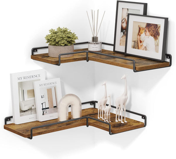 VASAGLE Set de 2 rafturi plutitoare de colt in forma de L, stil industrial, 40x29x14cm, maro rustic și negru