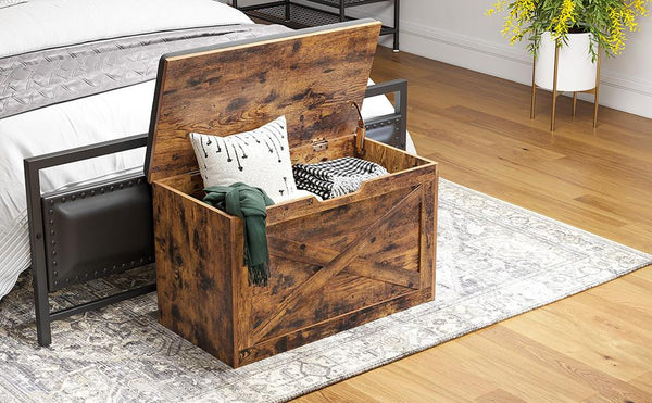 VASAGLE Banca pentru pantofi cu perna, tip cufar de depozitare, stil hambar, 76x40x48cm, maro rustic