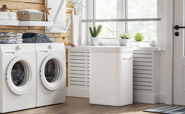 SONGMICS Cos de rufe din bambus, pliabil, cu captuseala detasabila lavabila, 72L, 40x30x60cm, alb