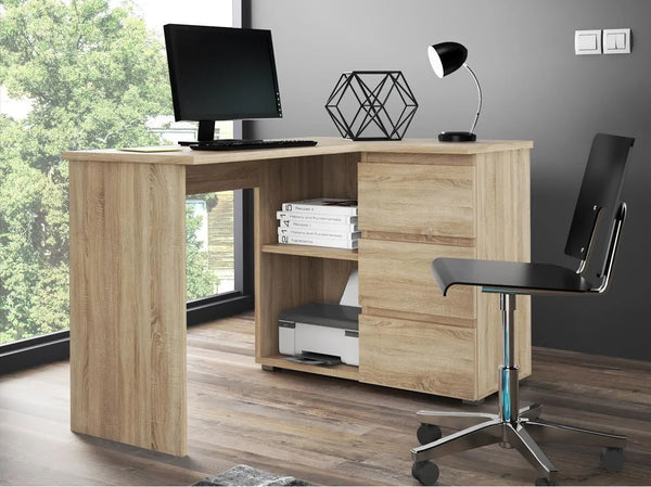 Birou colt Norge cu 3 sertare si 2 rafturi, 124x89x75 cm, stejar