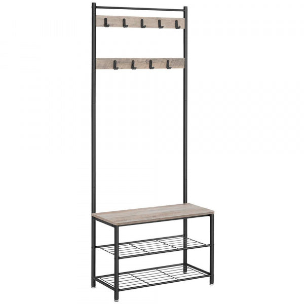 VASAGLE Cuier multifunctional 70x32x175 cm, cu 9 carlige, banca si 2 rafturi pantofi, PAL si otel, gri si negru