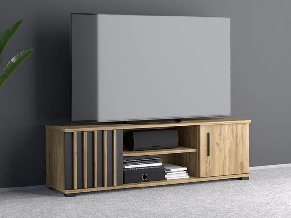 Comoda TV moderna 140x37 cm cu 2 usi si rafturi, finisaj craft cu negru