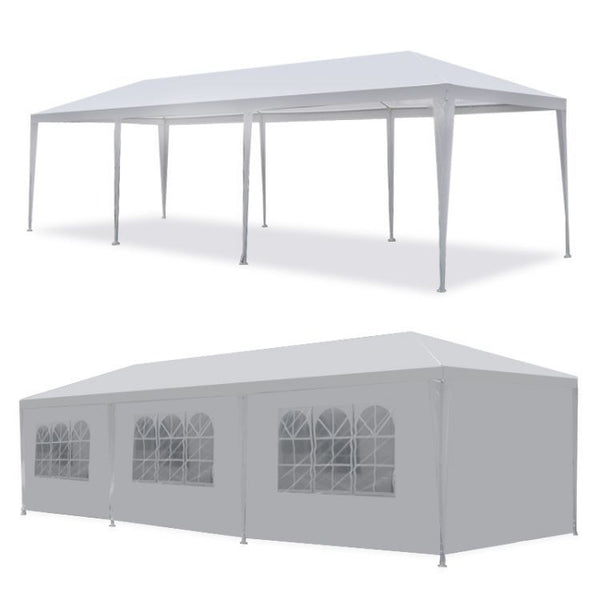 Pavilion de gradina 300x900 cm, 8 pereti detasabili cu ferestre si usa, structura metalica, PE impermeabil, alb