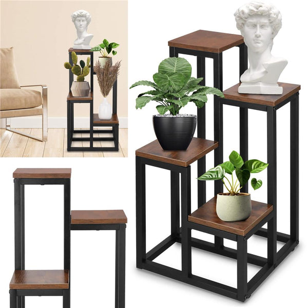 Stand pentru flori, cadru metalic, 4 etajere, 34x34x68 cm, maro inchis