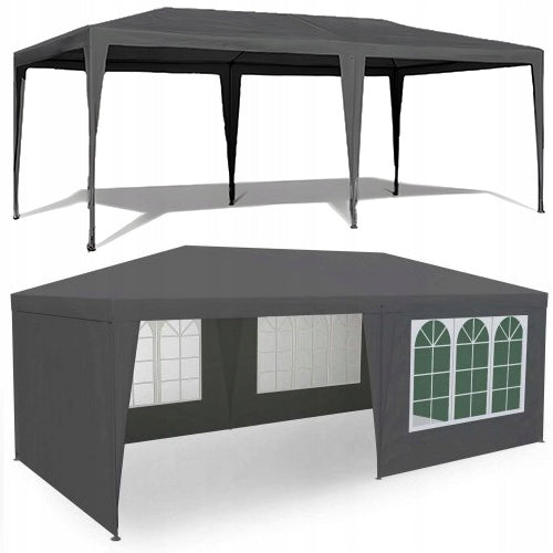 Cort de gradina 300x600 cm, 6 pereti detasabili cu ferestre si usa, structura metalica, PE impermeabil, gri