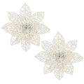 Set 10 ornamente pentru bradul de Craciun, stea Poinsettia, 14cm, alb cu sclipici