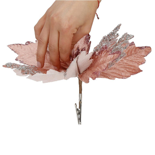 Set 5 ornamente pentru bradul de Craciun, stea Poinsettia, 26cm, roz argintiu