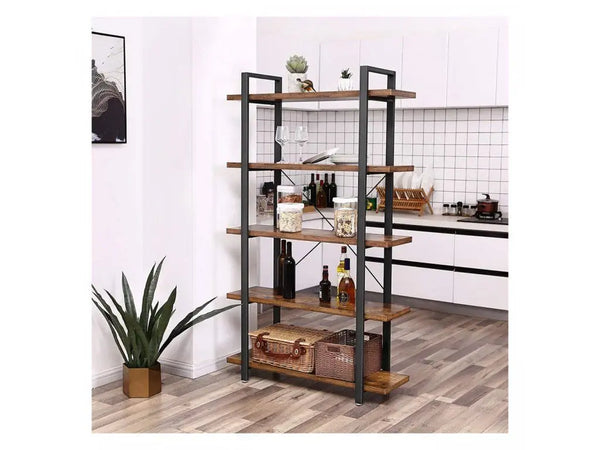 VASAGLE Biblioteca cu 5 rafturi, cadru din otel si rafturi din PAL, 105x34x178cm, maro rustic si negru