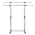 Suport pentru haine pe roti, sina dubla, reglabil pe inaltime si latime, din aluminiu cromat, 155x45x150cm, argintiu