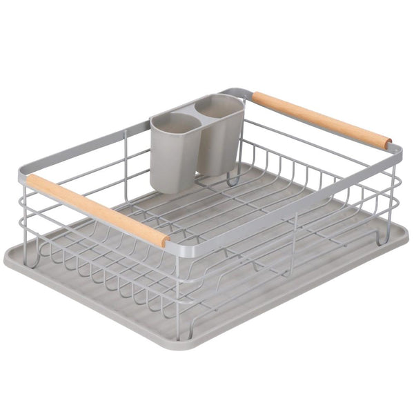 Uscator de vase cu suport tacamuri, din otel, cu tava de scurgere, manere lemn, 42x32x15cm, gri