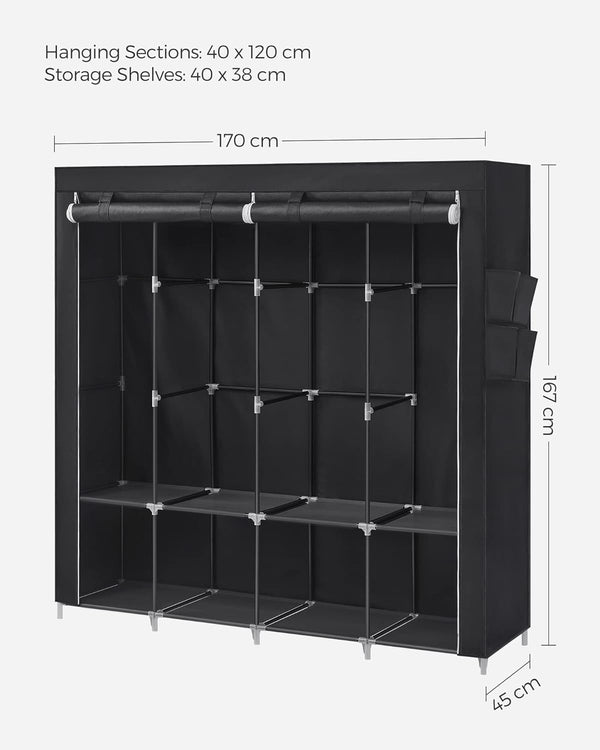 SONGMICS Garderoba din material textil, dulap portabil, cu rafturi si sina de agatat, 170x45x167cm, negru