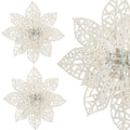 Set 10 ornamente pentru bradul de Craciun, stea Poinsettia, 14cm, alb cu sclipici