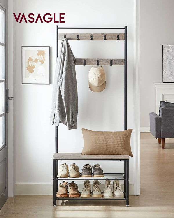 VASAGLE Cuier multifunctional 70x32x175 cm, cu 9 carlige, banca si 2 rafturi pantofi, PAL si otel, gri si negru