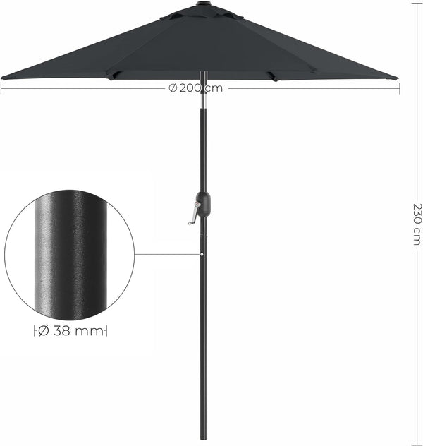 SONGMICS Umbrela de gradina 200 cm, inclinare dubla 30°, poliester UPF 50+, cadru metalic, gri