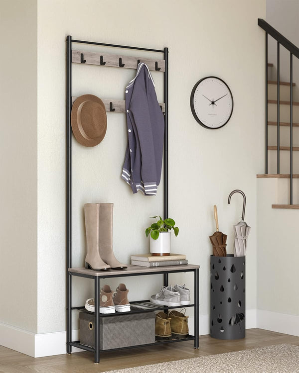 VASAGLE Cuier multifunctional 70x32x175 cm, cu 9 carlige, banca si 2 rafturi pantofi, PAL si otel, gri si negru