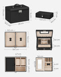SONGMICS Cutie de bijuterii pe 3 nivele, cu 2 sertare, oglinda, maner, inchidere cu cheie, 18x26x17cm, negru