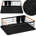 Uscator de vase cu suport tacamuri, din otel, cu tava de scurgere, manere lemn, 42x32x15cm, negru