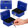 Caseta pentru bani tip cutie de valori, compartimentanta, cu cheie, metal, 12.5x9.5x6.5cm, albastru