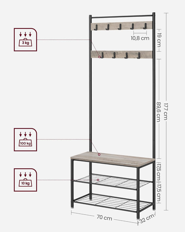 VASAGLE Cuier multifunctional 70x32x175 cm, cu 9 carlige, banca si 2 rafturi pantofi, PAL si otel, gri si negru