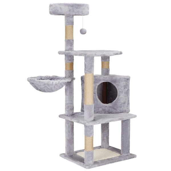 Ansamblu de joaca pentru pisici, cu loc pentru zgariat, ascuns, culcus, minge, 124cm, gri