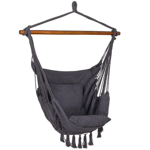 Hamac tip leagan suspendat pentru casa sau gradina HM45, gri inchis cu perne, 130x100cm, 150kg