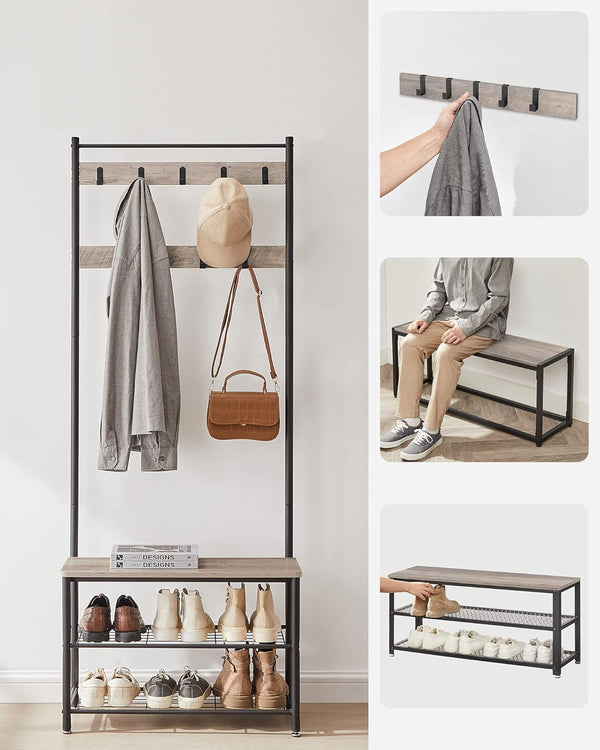 VASAGLE Cuier multifunctional 70x32x175 cm, cu 9 carlige, banca si 2 rafturi pantofi, PAL si otel, gri si negru